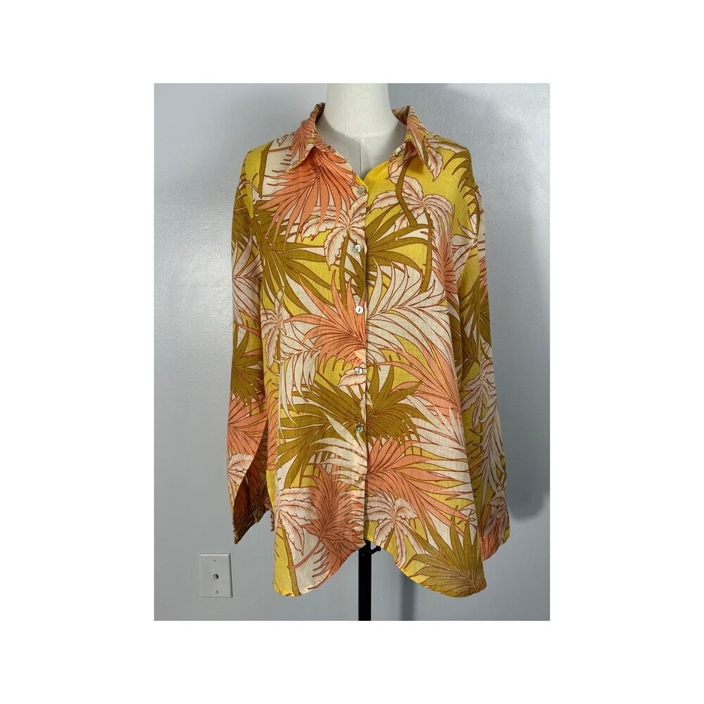 TAHARI European Grown Flax 100% Linen Tropical Palm Leaf Button Up Shirt XL